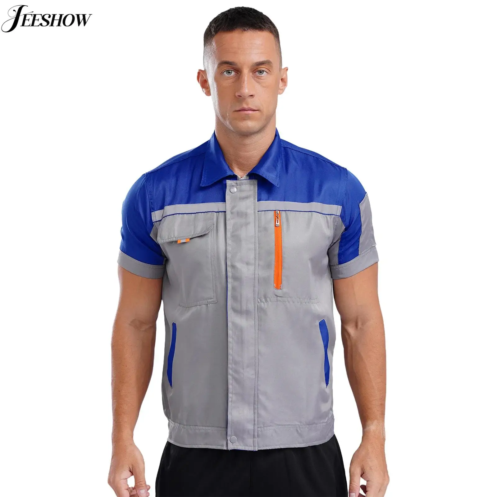 Mens Wear Resistant Short Sleeve Work Shirt High Visibility Reflective Stripes Front Zipper Jacket Workwear Workshop Top Uniform