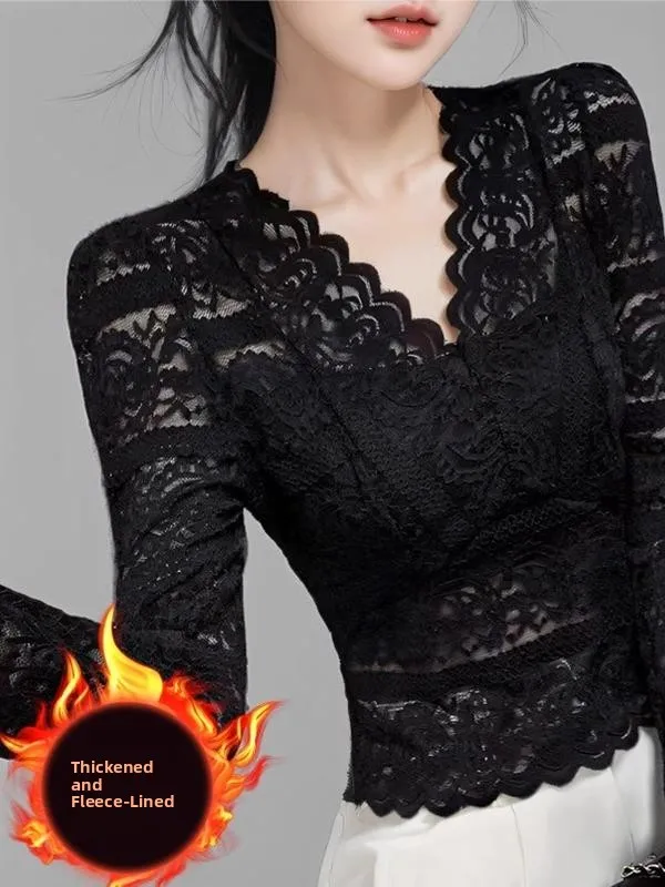 Fce Lined Thiened V Ne Lace Base irt Women Long Sve Autumn Winter Bla Sexy ort irt Korean Sle Slim Fit