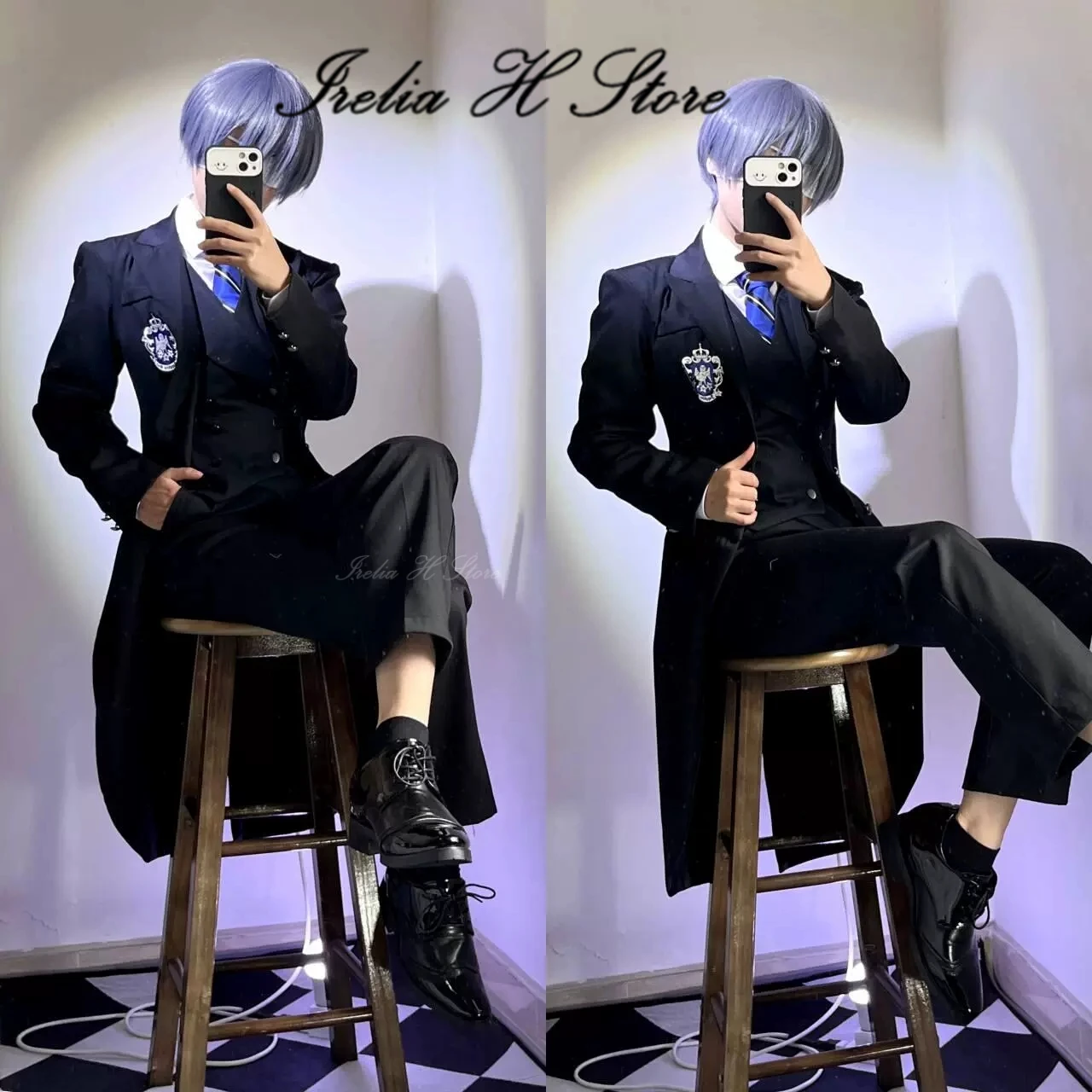 Irelia H Store Ciel Black Butler -Public School Arc Ciel Phantomhive Cosplay Costume School uniform set winter trench image 2