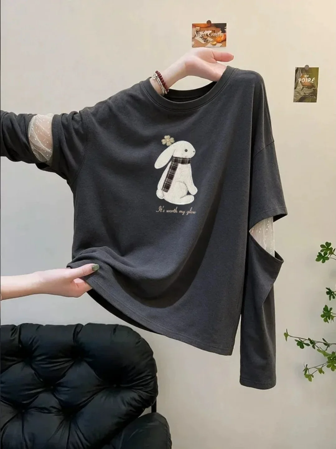 Gray Lace Illusion Long Sleeve T-Shirt Women's Loose Design Korean Style Autumn Top Casual Fashion Universal Fit Youthful