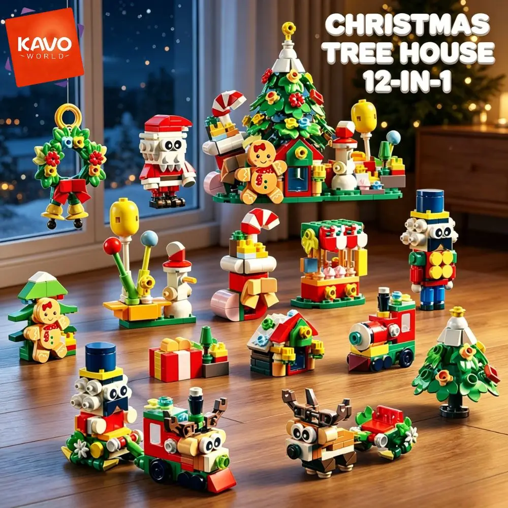 KAVOWORLD 499PCS 12-in-1 Christmas Building Blocks Set DIY Educational Construction Toy Gingerbread Man Santa Nutcracker Train Reindeer Wreath Bricks Kit Party Ornament Xmas Holiday Birthday Gift for Adults Teens Building Enthusiasts 14+
