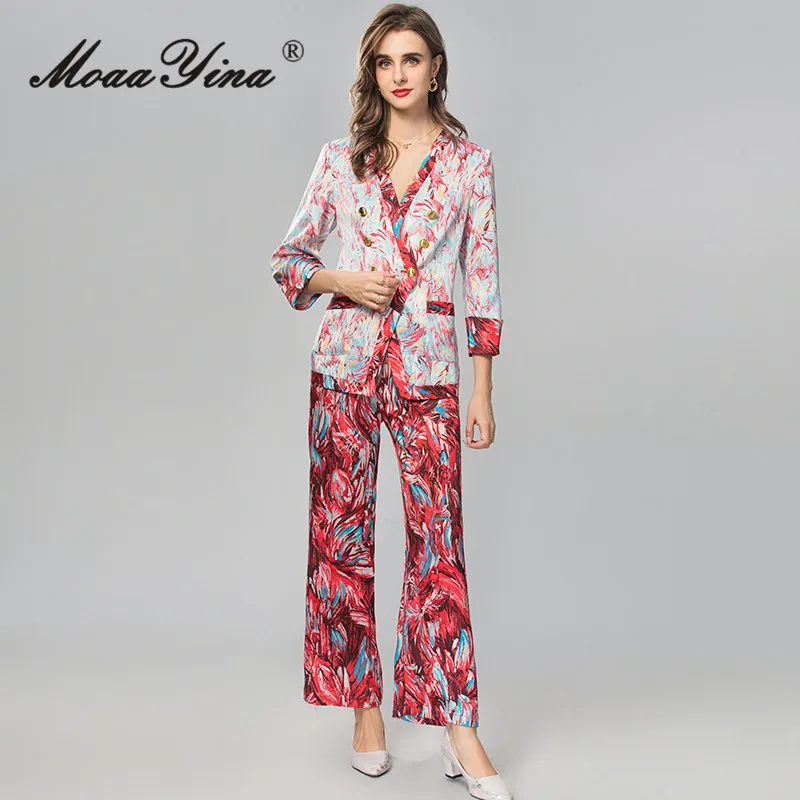 

MoaaYina Autumn Winter Women's Suit V-Neck Long-Sleeved Double breasted Tops+Straight Leg Pants Fashion Print 2 Piece Set