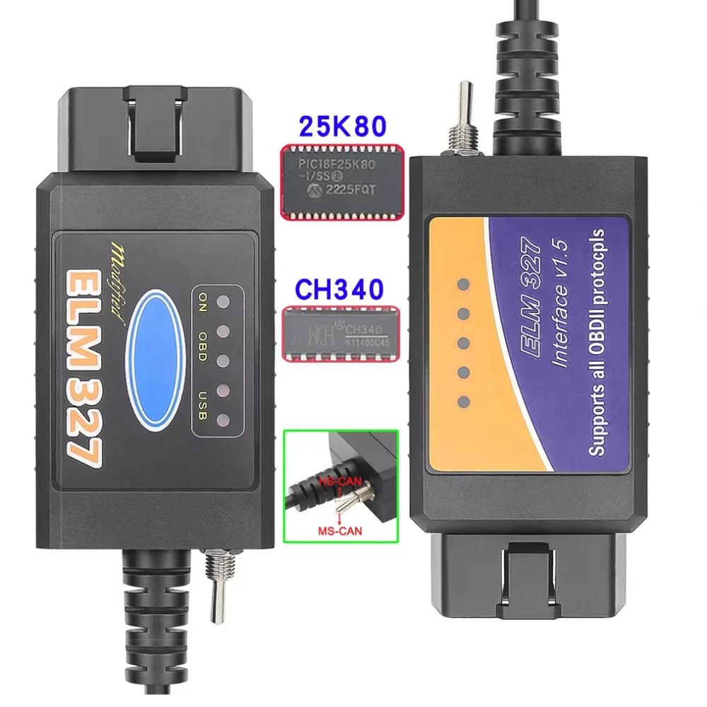 HOT ELM327 USB V1.5 FTDI/CH340 PIC18F25K80 with Switch OBD2 Car Auto Diagnostic Tool Elm 327 HS CAN /MS