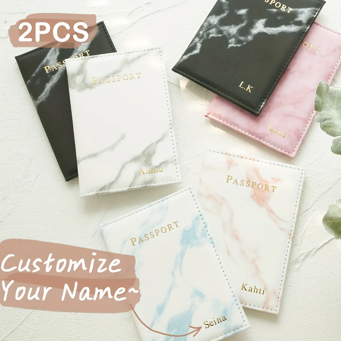 2PCS Custom Couple Passport Holder Set Hot Stamping Name Passport Holder Chic Marble Pattern Passport Cover Travel Accessories