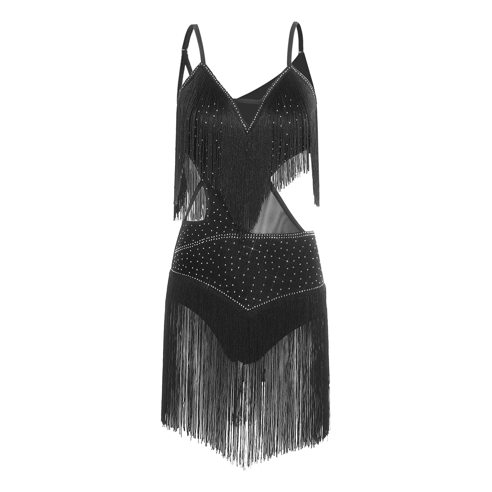 ชุดบอดี้สูทเต้นรำสำหรับผู้หญิง ประดับพู่ห้อย สำหรับการแข่งขันเต้นลาติน ชะชะช่า ลีริคอล ประดับเลื่อม สำหรับเต้นรุมบ้า ซัลซ่า แทงโก้ บอลรูม