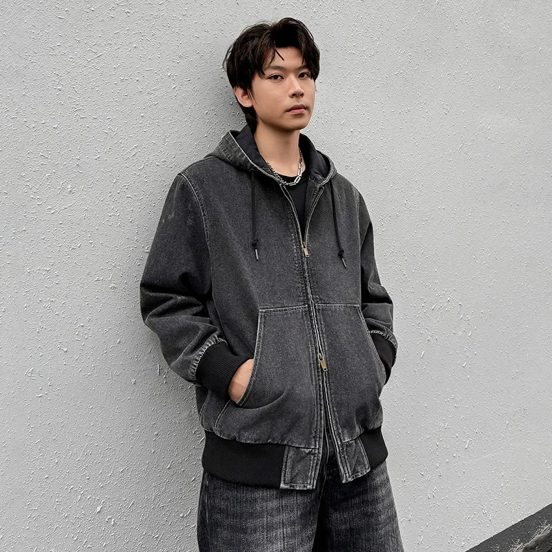 

Autumn Men Jacket Vintage Thin Long Sleeve Zipper Teenager Man Hooded Coat Streetwear Loose Versatile Washed Male Outerwear