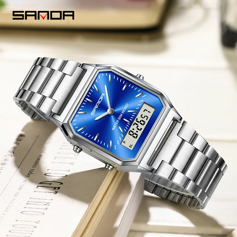 SANDA 747 Luxury Watch for Men Women Stainless Steel LED Digital