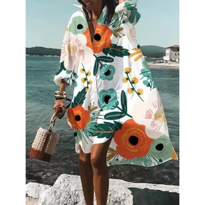 2023 Women's Beach Cover Dress Oversized Swimwear Cover Up Shirt Dresses Printing White Boho Plus Size Beach Dress