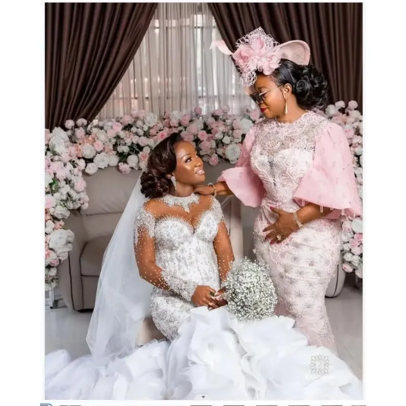 Suknia ślubna plus size na zamówienie 2025, warstwowe falbany, iluzoryczne długie rękawy, perły, kryształki, suknia balowa, arabska suknia ślubna