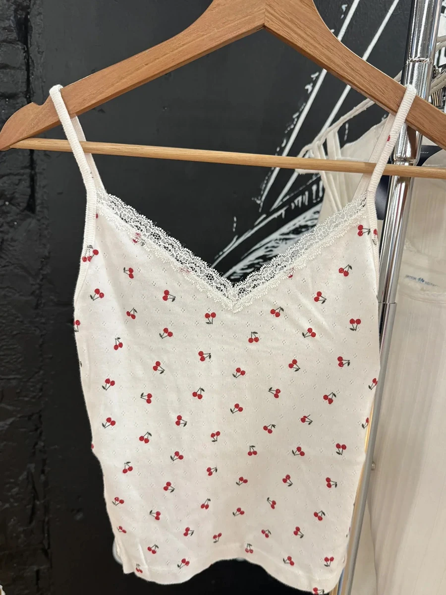 Cherry Print Eyelet 2 Piece Set Women Sexy Lace Trim V Neck Sleeveless Slim Tank Top Summer Sweet Chic Home Cozy Shorts Pajamas