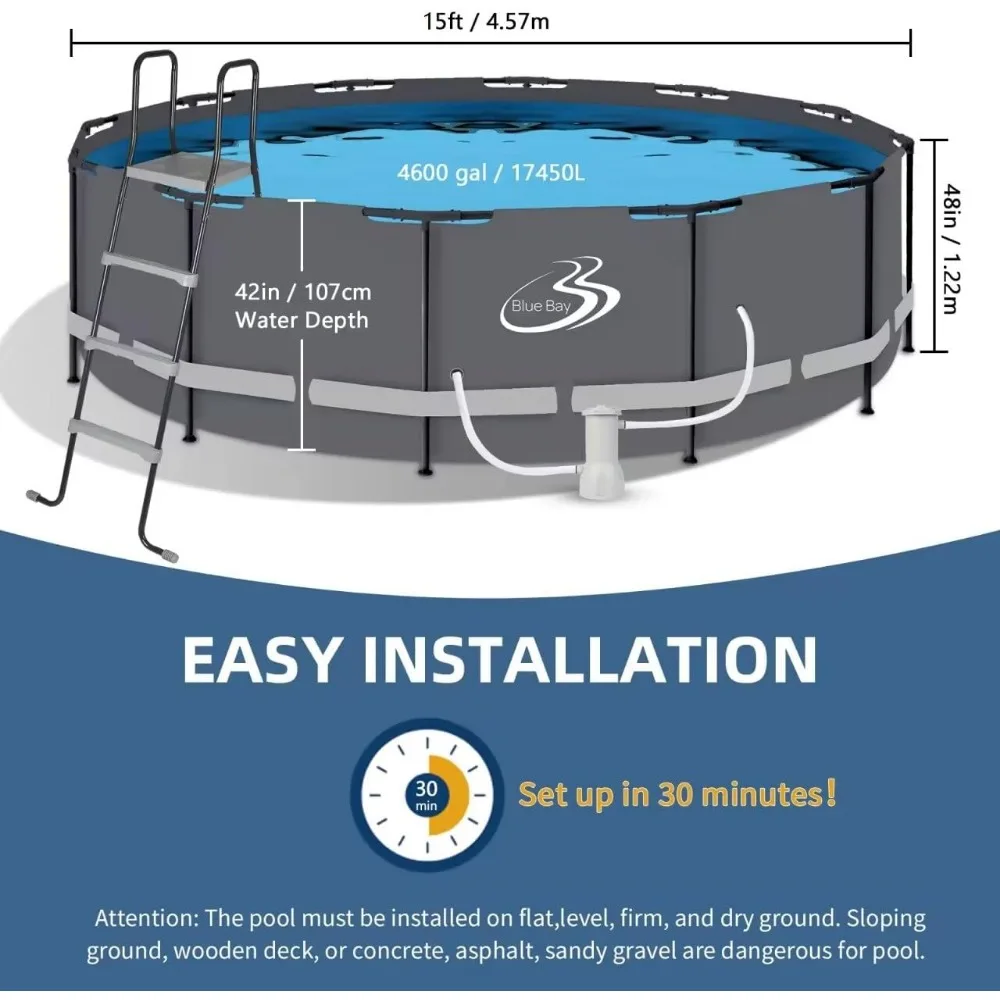 Conjunto de piscina acima do solo com estrutura de 15 pés x 48 pol. inclui bomba de filtro de 1000 GPH, tampa, escada, kit de manutenção, cinza, redondo