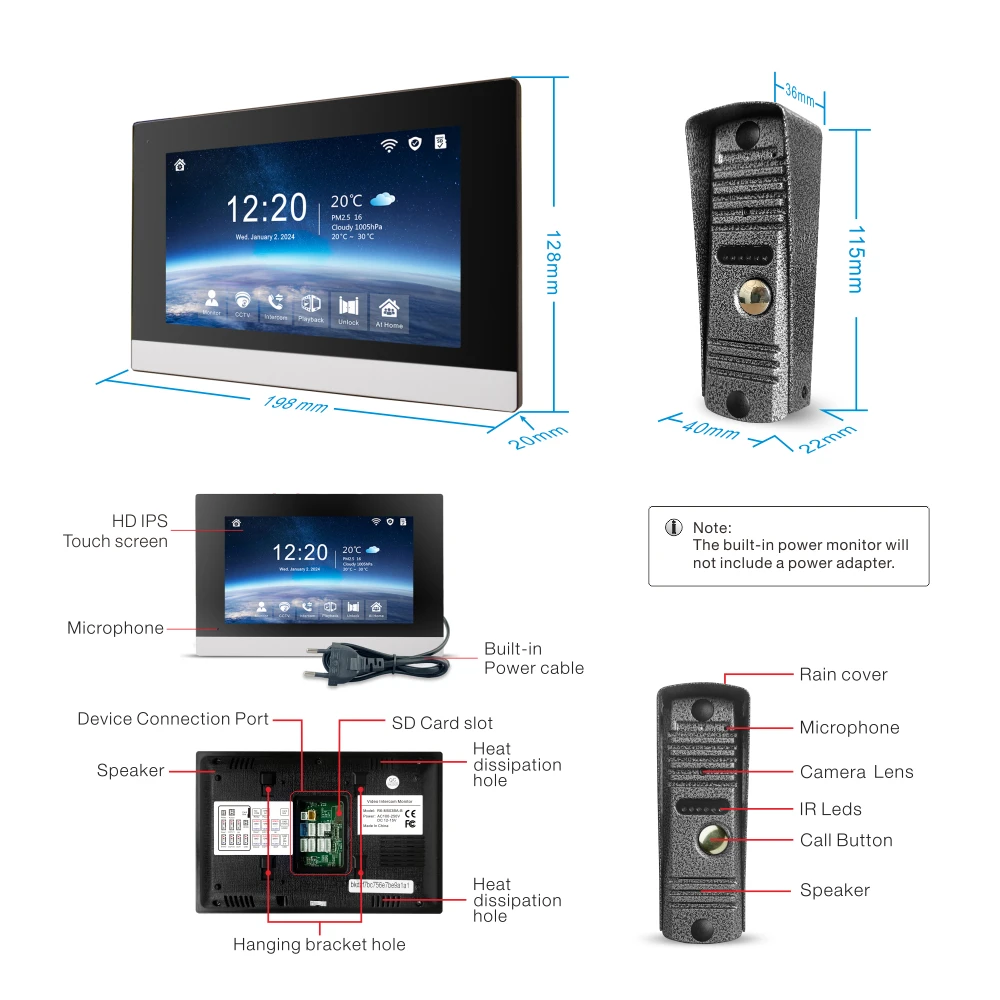 Tuya Wireless IPS 10 " touch screen 1080P camera video intercom kit, with mobile detection, ID access control unlocking,