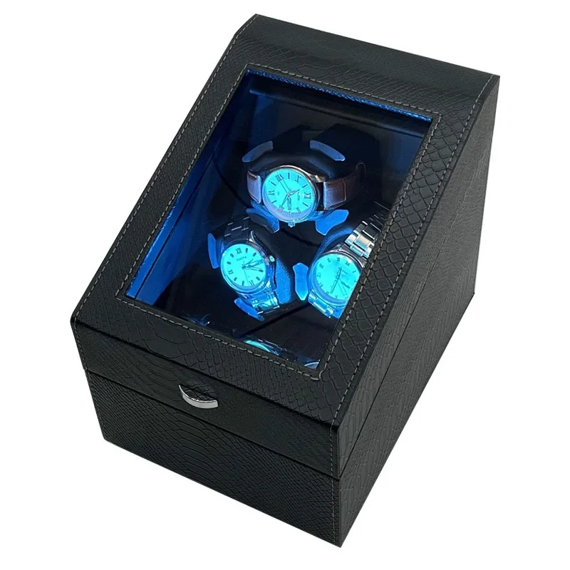 Luxuriöser automatischer Uhrenaufzug, 3+3/6+6-Slot-Uhrenbox, PU-Uhren-Aufbewahrungsbox aus echtem Leder, leiser Motor, leise blaue Hintergrundbeleuchtung