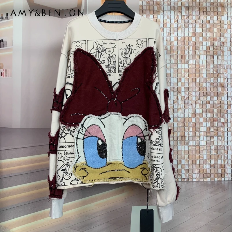 

Trendy Brand New Heavy Embroidery Cartoon Sweatshirt Age-Reducing Coat Fashion Cartoon Short Loose Round Neck Hoodies Top Jacket