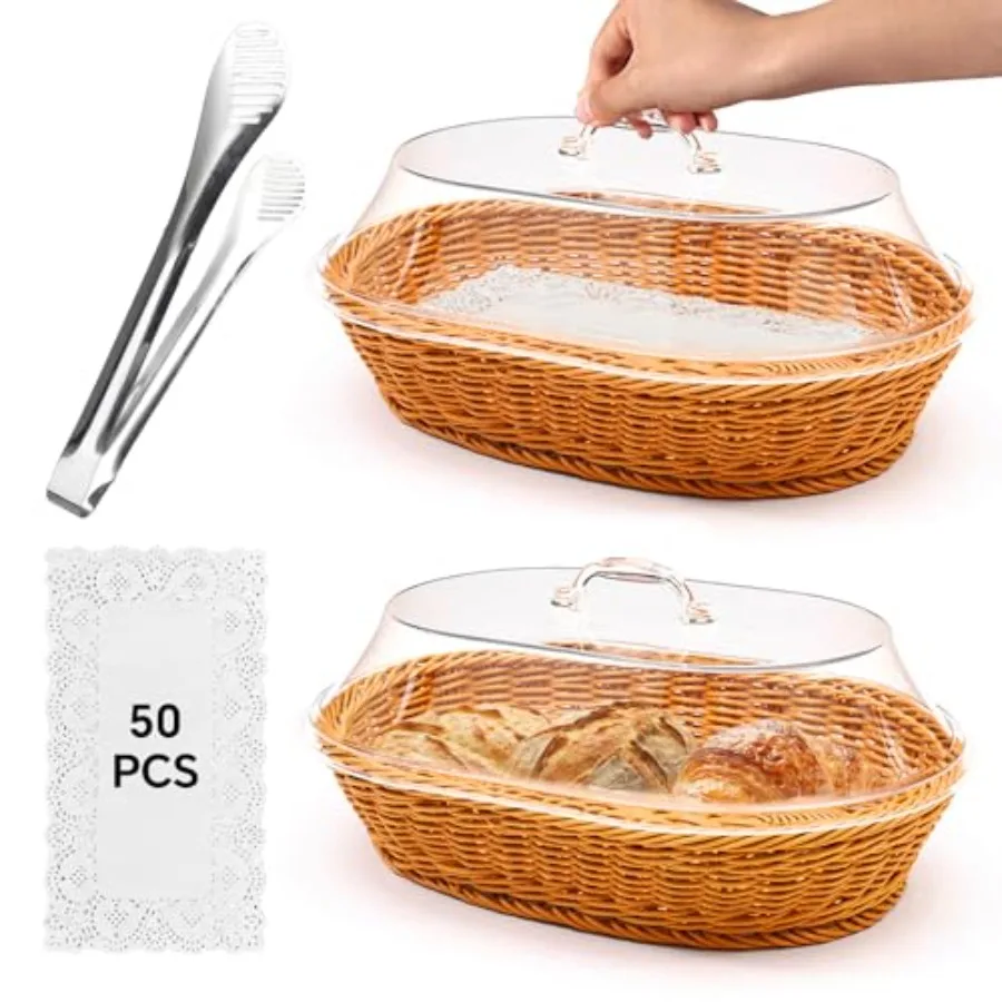

Плетеные корзины для хлеба (2 шт.) с акриловыми крышками, 15,75 x 11,81 дюйма, щипцы из нержавеющей стали, кружевные салфетки для хлеба и фруктов