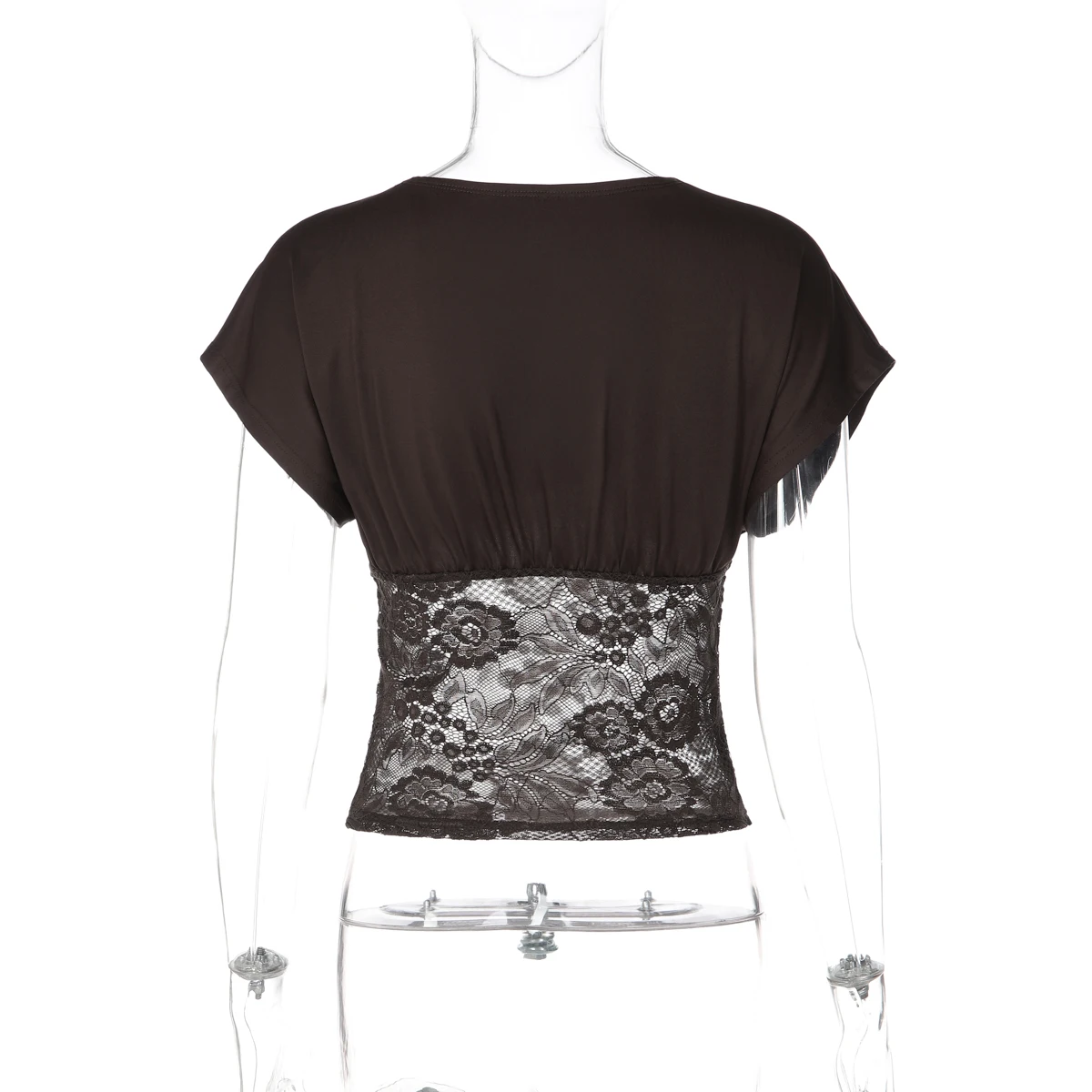 Hugcitar Modisches V-Ausschnitt Einfarbiges Kurzarm-Patchwork-Spitzen-Oberteil Sexy Loses Crop-T-Shirt Transparentes Sommer-Damen-T-Shirt für Party und Nachtclub – Detail 4