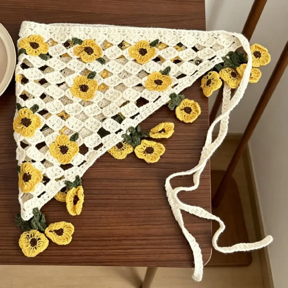 Elegant Floral Knitted Flower Headband Pastoral French Triangle Turban Bohemian Countryside Style Crochet Flower Bandana Girls