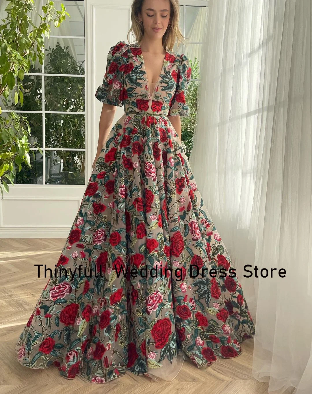 Thinyfull Elegant Flower Prom Dresses V-neck Half Sleeves Tulle Evening Gowns Floor Length Formal Occasion Dress Robe De Soirée