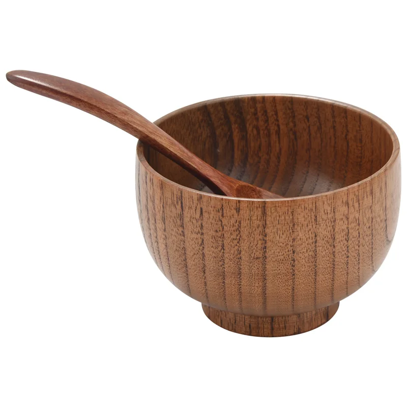 

B05C-12 Pieces Wooden Handmade Bowl And Spoon For For Rice Miso Serving Home Kitchen Tableware