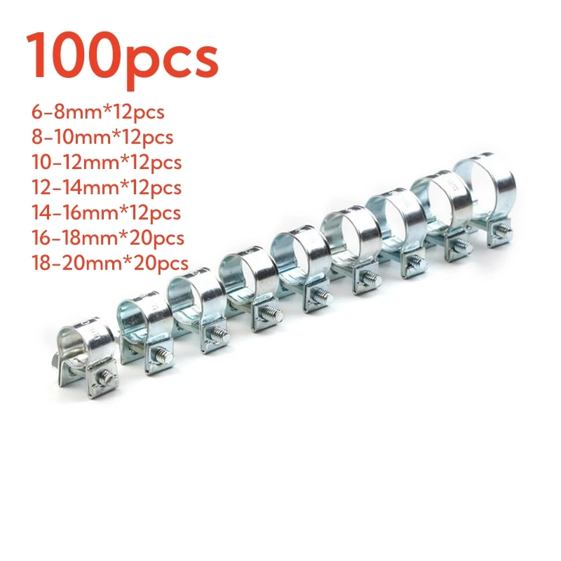 100pcs 6-20mm Steel Mini Hose Clamps Car Fuel Line Hose Clamp Auto Diesel Petrol Pipe Clip Assorted Kit