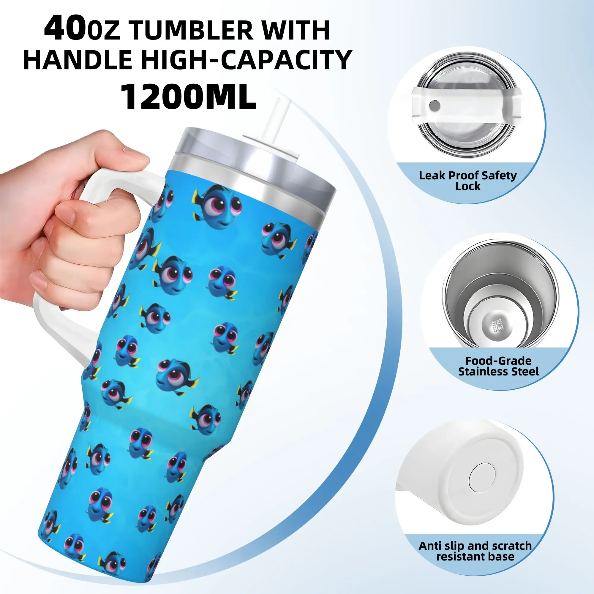 Custom Kawaii Finding Nemos Stainless Steel Tumbler Thermal Mug With Straws and Lid Large Capacity Car Mugs Drinks Water Bottle