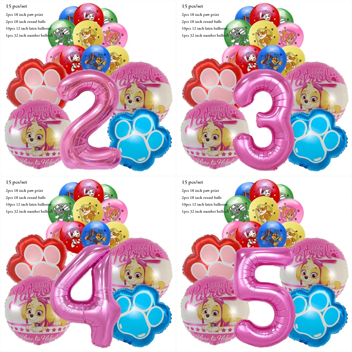15 pçs dos desenhos animados pata patrulha folha balão número balão festa de aniversário das crianças decoração presente do bebê festa perseguição skye balão