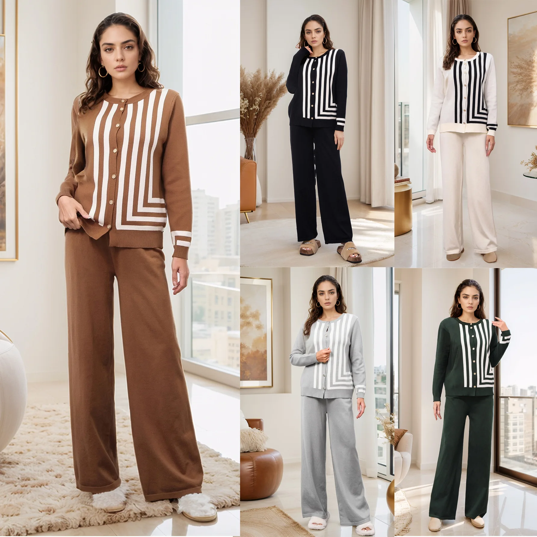 

M282# Women's Casual Knitted Suit Striped Contrasting Top Wide Leg Pants Long Pants Abaya Ramadan Dubai Luxury Islam Elegant