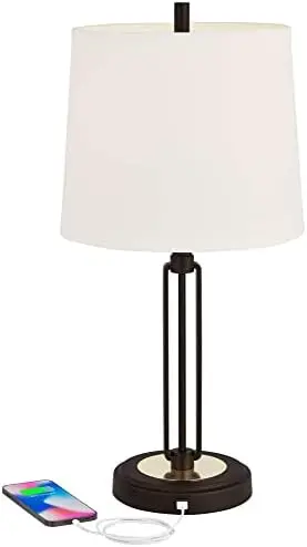 

Iron Works Javier Industrial Table Lamp with USB Charging Port 24.5" High Iron Bronze White Drum Shade Decor for Living Roo