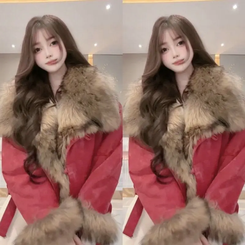 

Модная теплая парка с эффектом омоложения, красная, с большим меховым воротником, свободного кроя, на одной пуговице, для повседневной носки