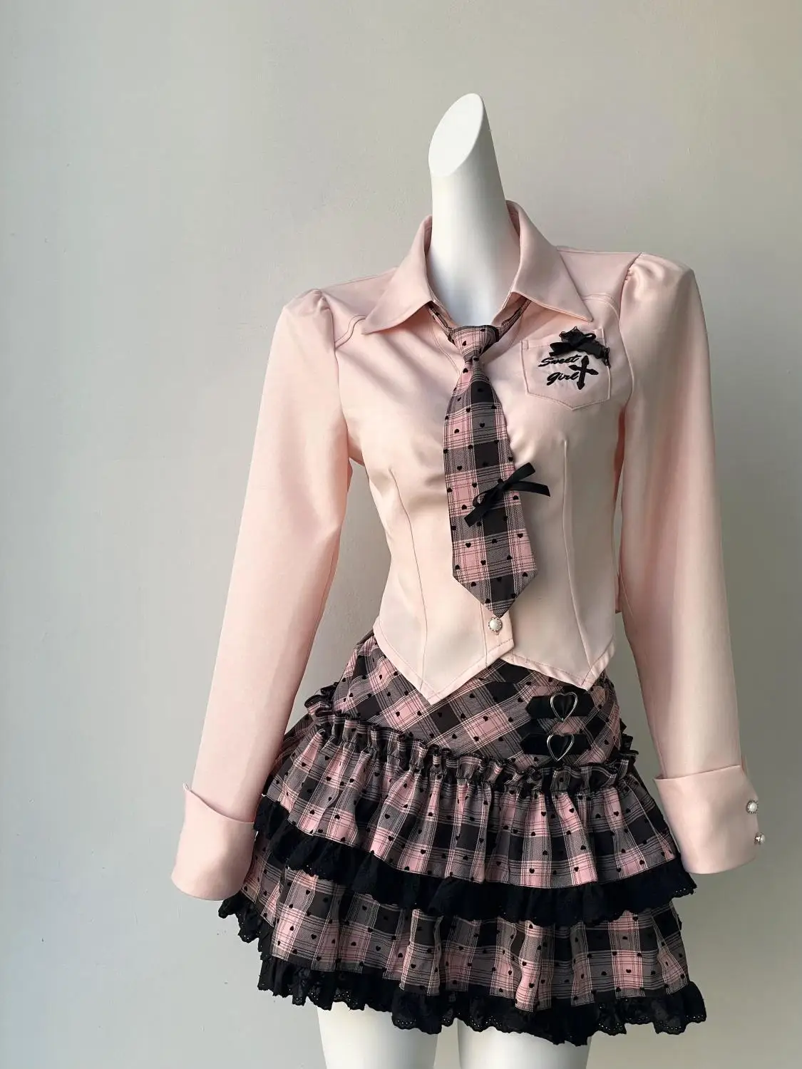 Preppy Style Turndown Collar Single Breasted Long Sleeved Shirt + High Waisted Plaid Mini Skirt 2 Piece Sets Womens Y2k Suits