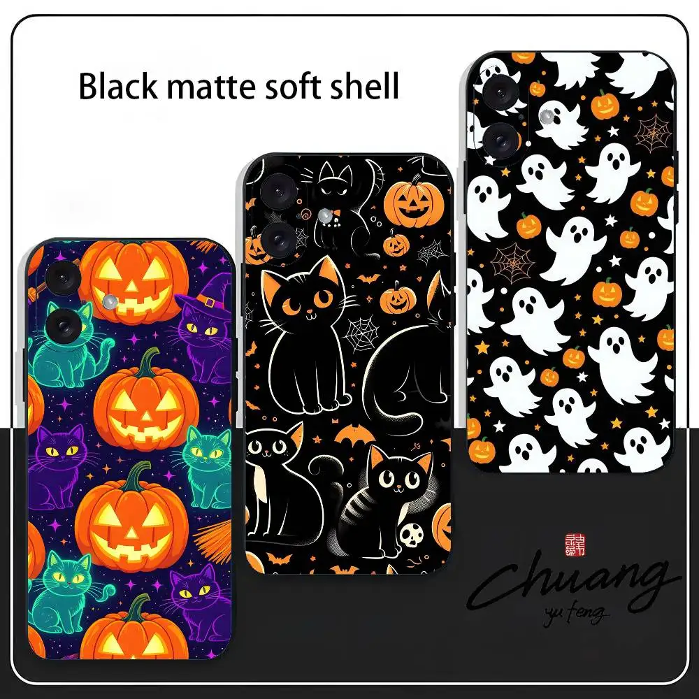 Halloween Pumpkin Phone Case Stylish Black Matte TPU Case For 11-16. Anti-slip And Wear-resistant