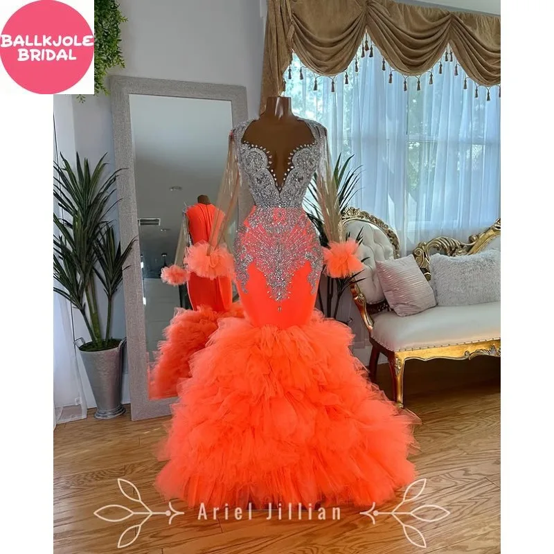 Vestido de fiesta de sirena con diamantes brillantes, cuentas brillantes, volantes de cristal, vestido de fiesta de cumpleaños y boda, mangas largas, ocasiones personalizadas