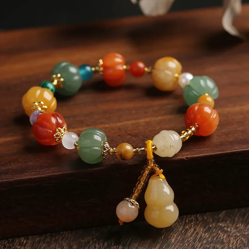 Ruifan New Natural Gold Jade Pumpkin Beads Beaded Bracelets for Women Lady Gourd Pendant Bracelet female Fine Jewelry YBR595