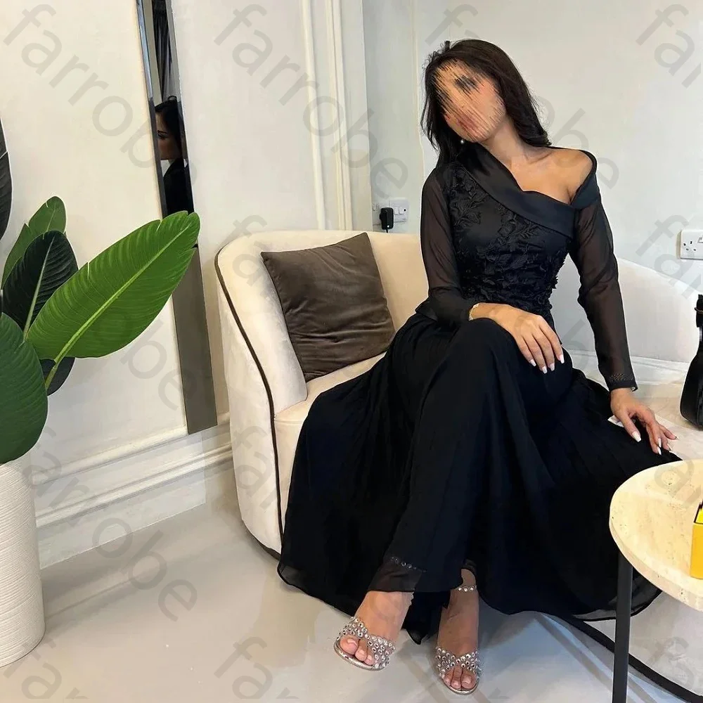 Customized Black Appliques Evening Dresses Long Sleeves A-Line Chiffon Saudi Arabia Women Prom Dress  فساتين مناسبة رسمية