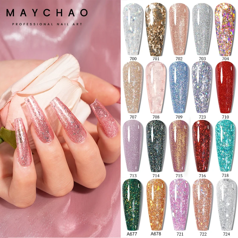 MAYCHAO Glitter Gel Nail Polish 7.3ml Semi-permanent Sequins Shiny Gel Base Top Coat Soak Off UV LED Varnish Nail Art Decoration