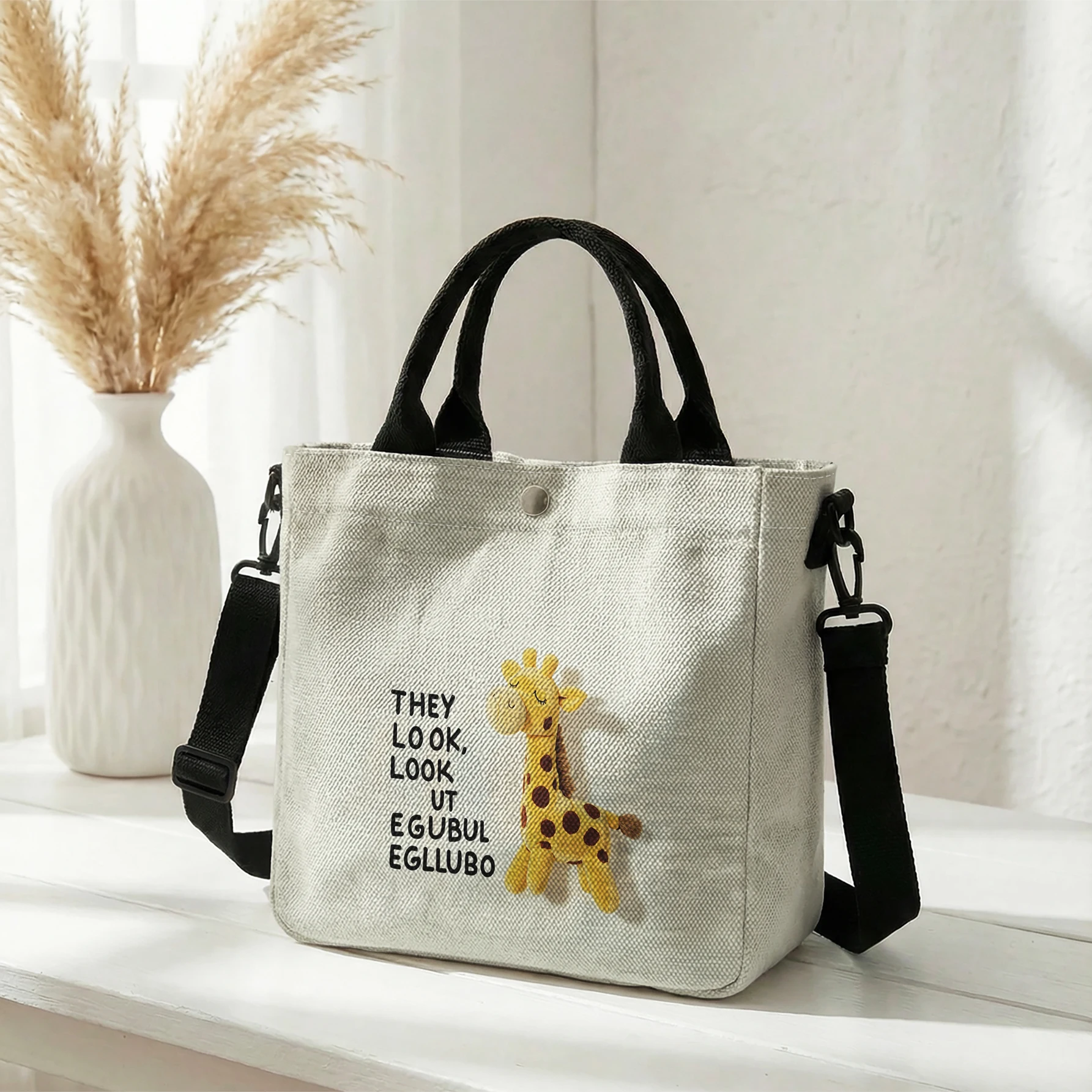 Cute Giraffe With Text Slogan Print Tote Bag, Detachable Strap Crossbody Handbag For Daily Work Shopping