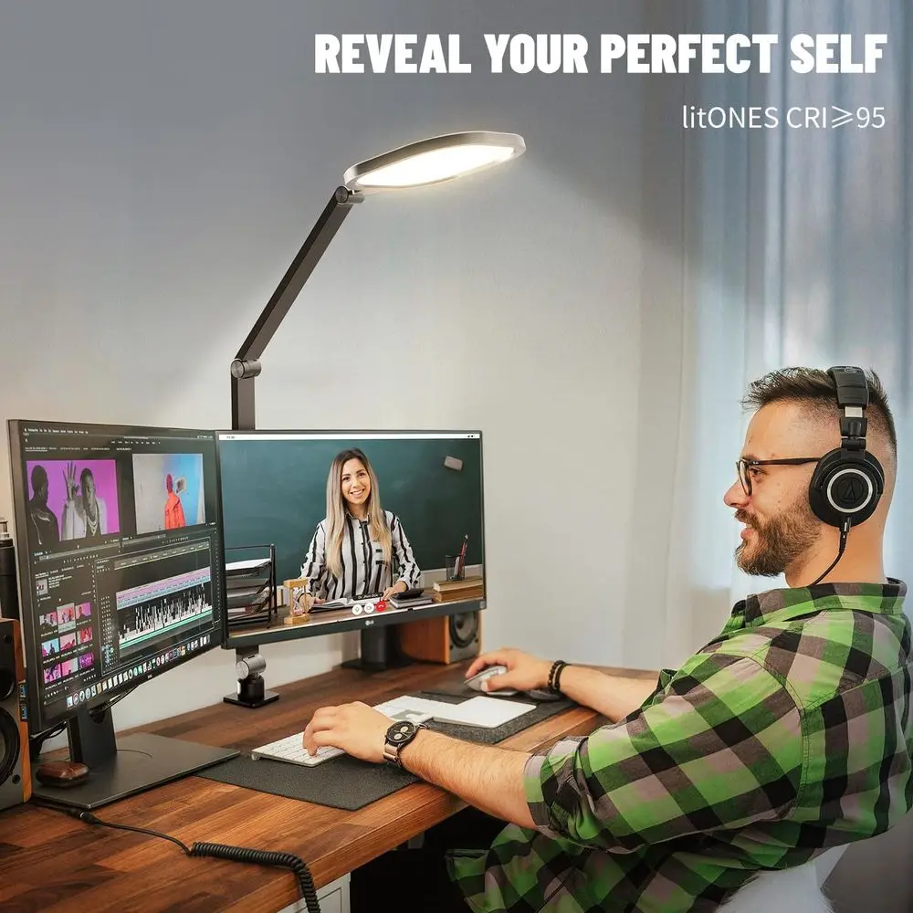مصباح مكتبي بمشبك LED 1200 لومن للمكتب المنزلي، ضوء للعناية بالعين مع 3 ألوان و10 مستويات سطوع، جهاز تحكم عن بعد، الذاكرة و