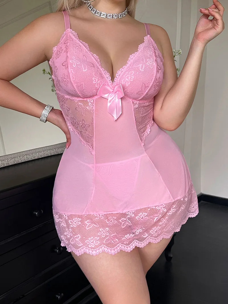 Abito sexy con giunture in rete con bordi in pizzo Stampa floreale Bowknot Backless Bretelle a V profonde Abito senza maniche Puro desiderio Affascinante C5XW