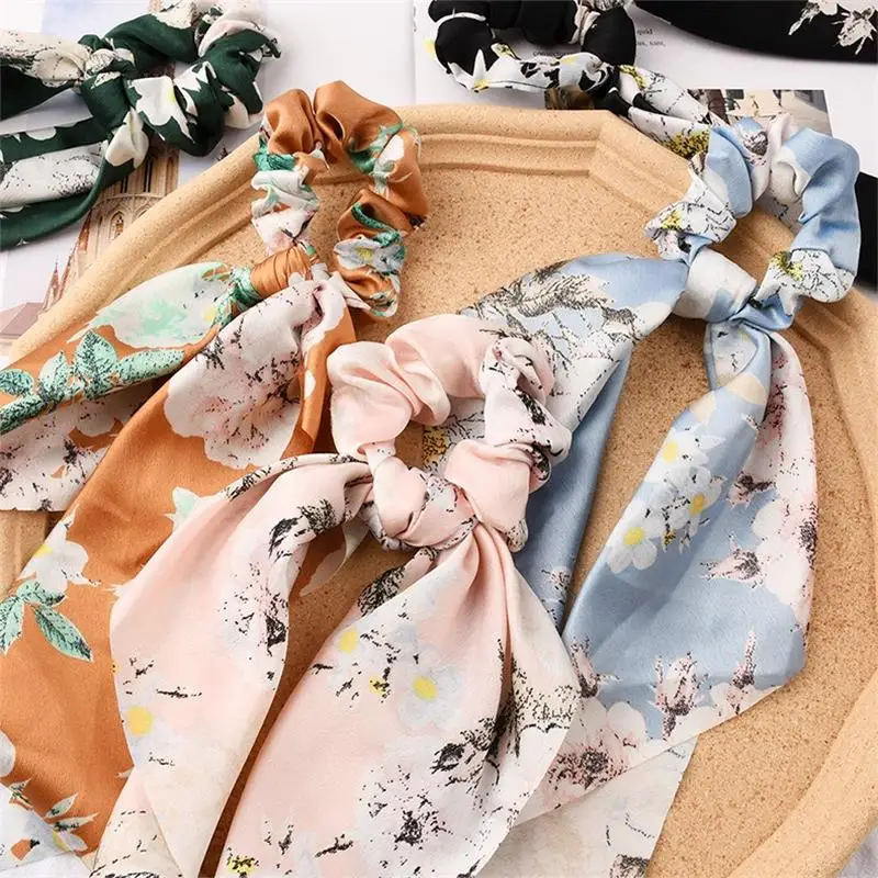 Floral Print Scrunchies Chiffon Bow Elastic Hair Bands Women Hair Ties Rubber Bands Ponytail Scarf Fashion Accessories Headwear