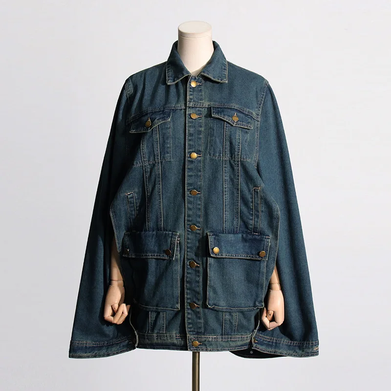 Women's Patchwork Denim Jacket Coat Turn-Down Collar Cape-Style Trendy Autumn Fashion Large Pockets Personalized Clothing