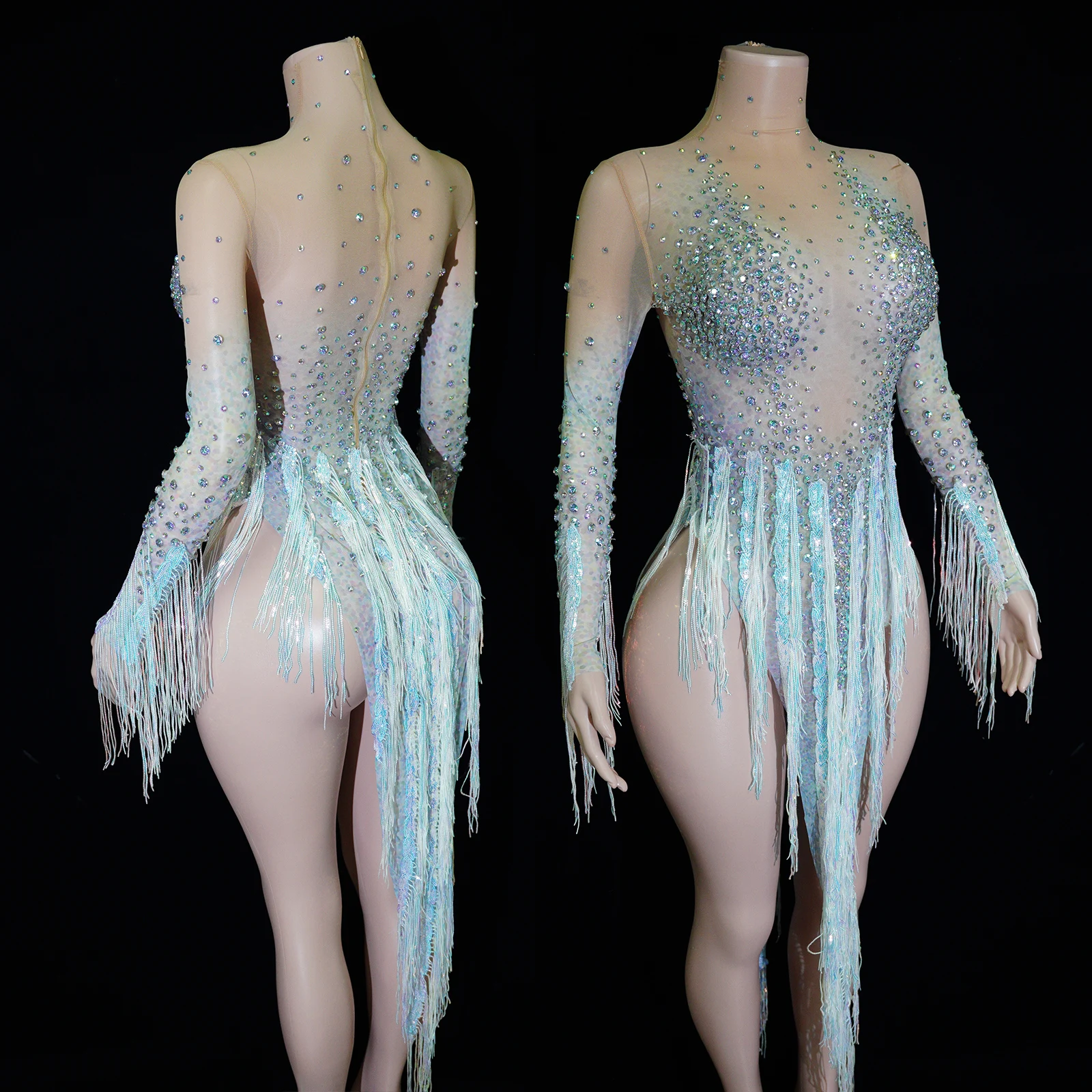 

Women Long-sleeved Latin Dance Singers stage costume colorful Fringed Gauze Skirt Birthday Party Nightclub Bar Drag Queen Outfit