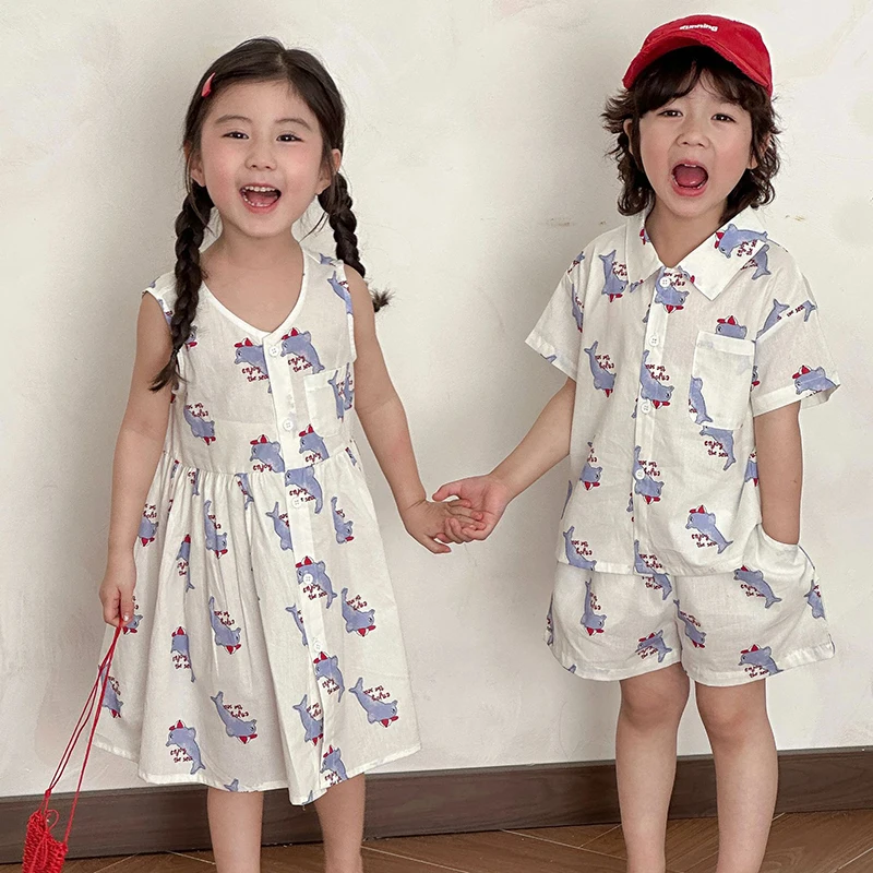 Spring Children's Summer Clothes Suit 1-8Y Dolphins Printed Shirt Shorts 2pcs Boys Casual Set Cute Girls Dress Siblings' Outfit