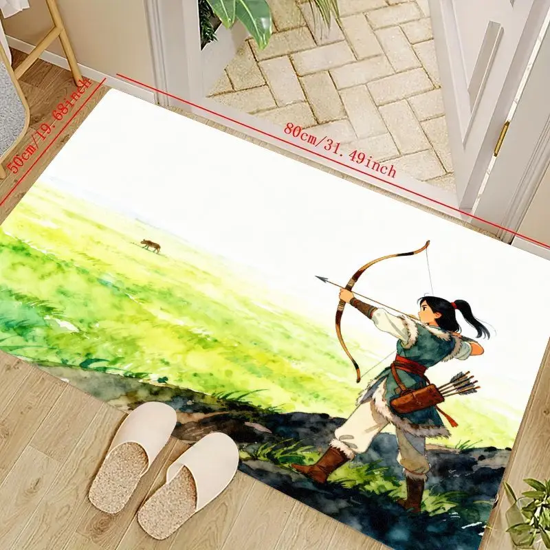 

1PC Anime Archer Girl Fantasy Warrior Princess Watercolor Art Non-Slip Floor Mat, Mulan-Inspired Aesthetic Rug Carpet for Living