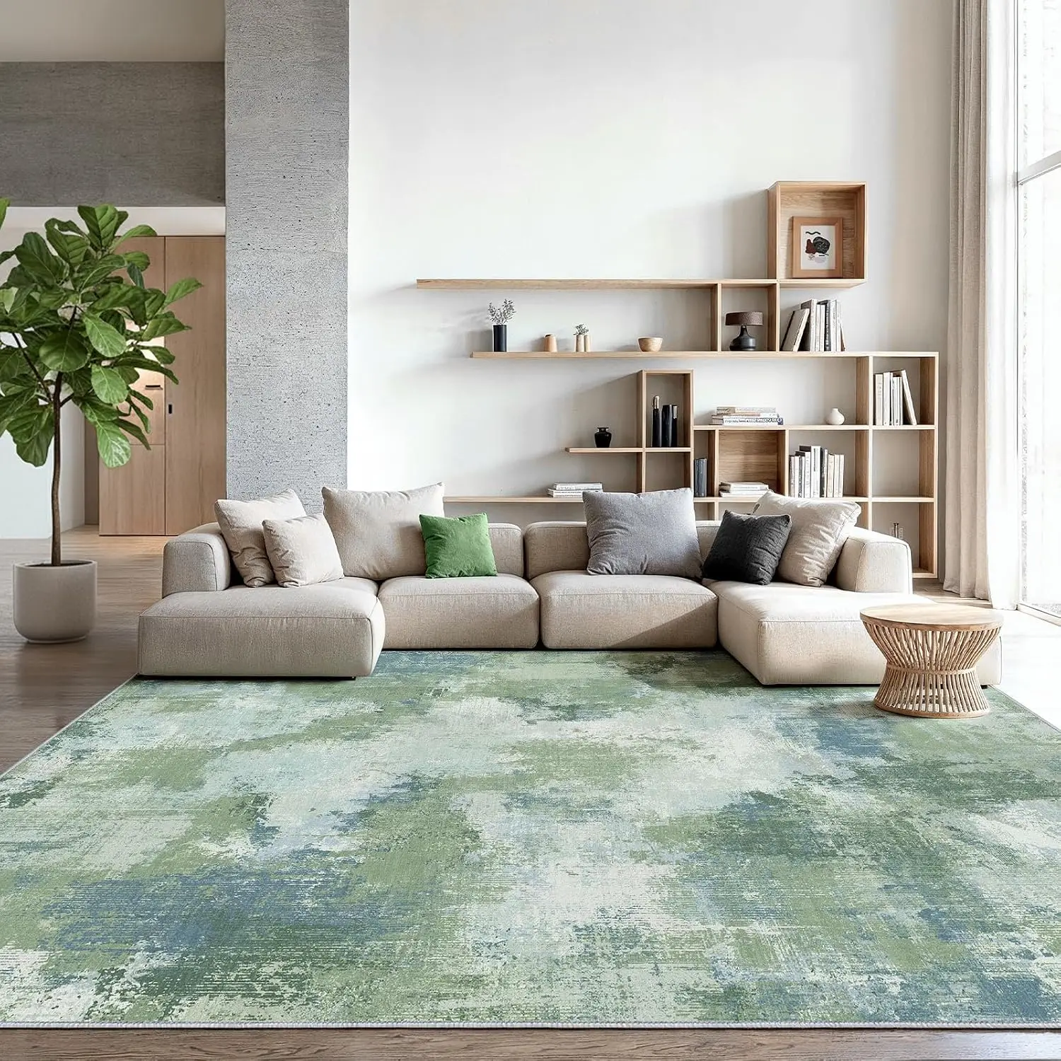 Polypropylene Area Rug, Modern Transitional Pattern Floor Carpet For Living Room Dining Area And Bedroom, Durable Non Slip Large Indoor Mat, Green Single Pack
