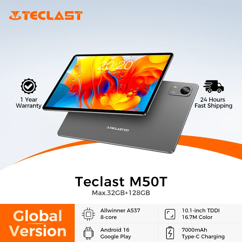 테클라스트 M50T 안드로이드 16 태블릿 PC (최대). 32GB RAM, 128GB ROM, 10.1인치 디스플레이, 옥타 코어 프로세서, 7000mAh 배터리, Wi-Fi 6 지원, 글로벌 버전