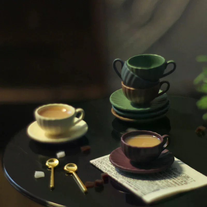2Pcs Dollhouse Miniature Dining Ware Mini Vertical Pattern Coffee Cup Plate Set Toy Model Doll House Accessories