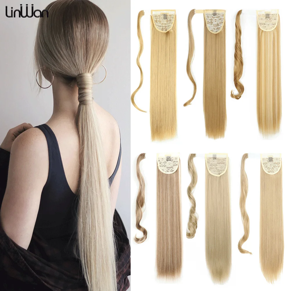 22Inch Ponytail Hair Extension Synthetic Wrap Around Pony Tail Long Straight Smooth Clip in Ponytail Hair Afro Hairpiece Linwan