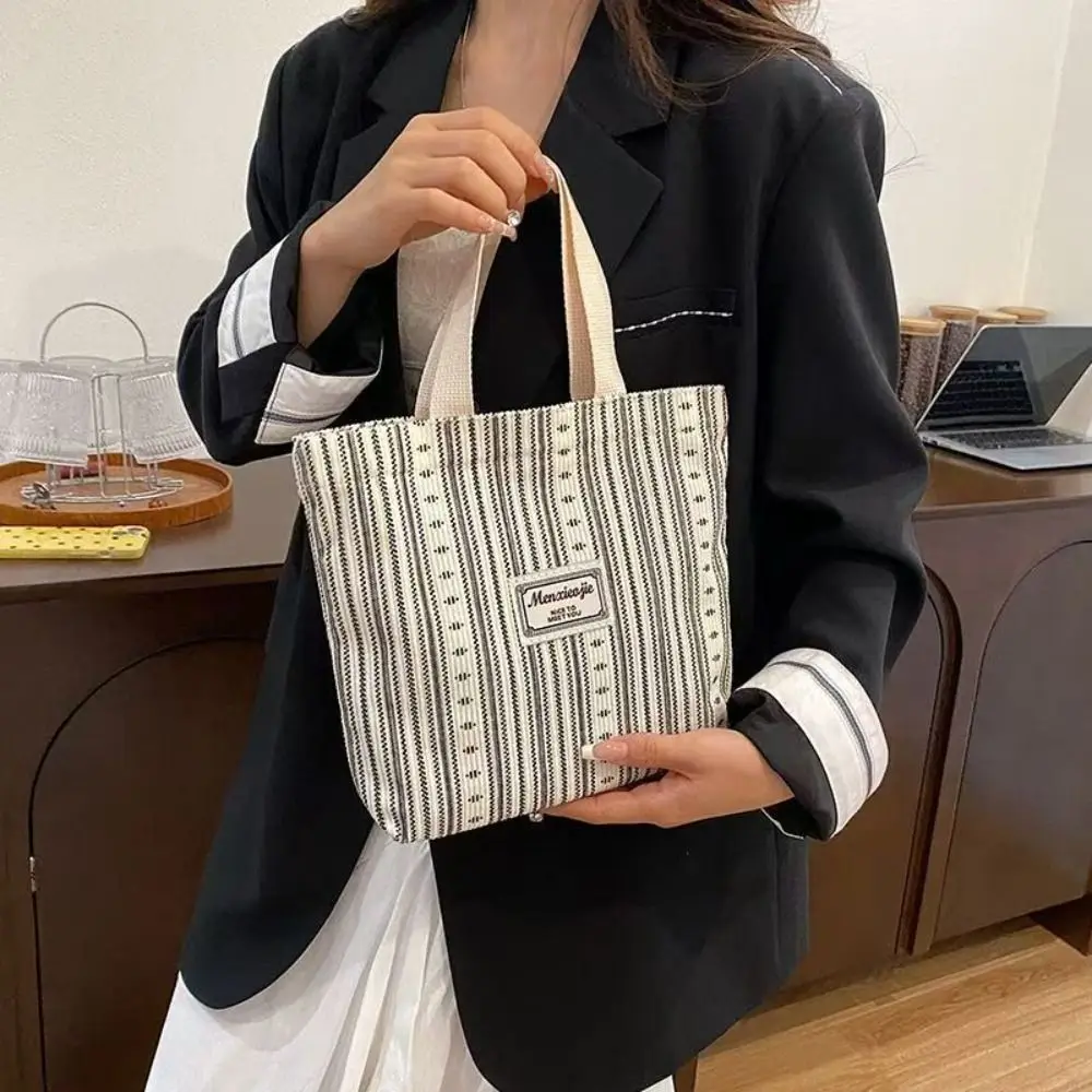 

Classic Design Canvas Tote Bag Simple Korean Style Commuting Shoulder Bag Large Capacity Casual Striped Shopping Bag Outdoor