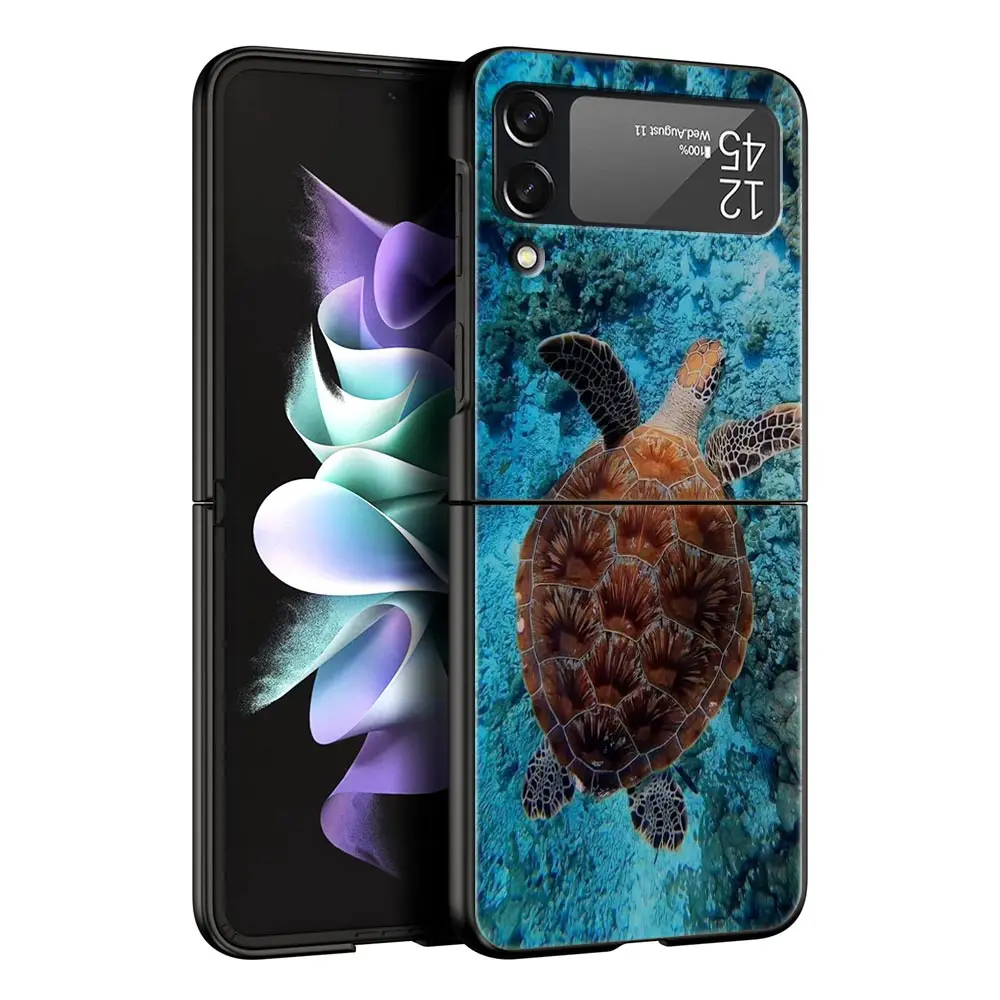 lovely Cartoon sea turtle ocean blue Phone Case For Samsung Z Flip3 Flip4 Flip5 PC Shell For Z Flip 3 4 5 Hard Folding Cover