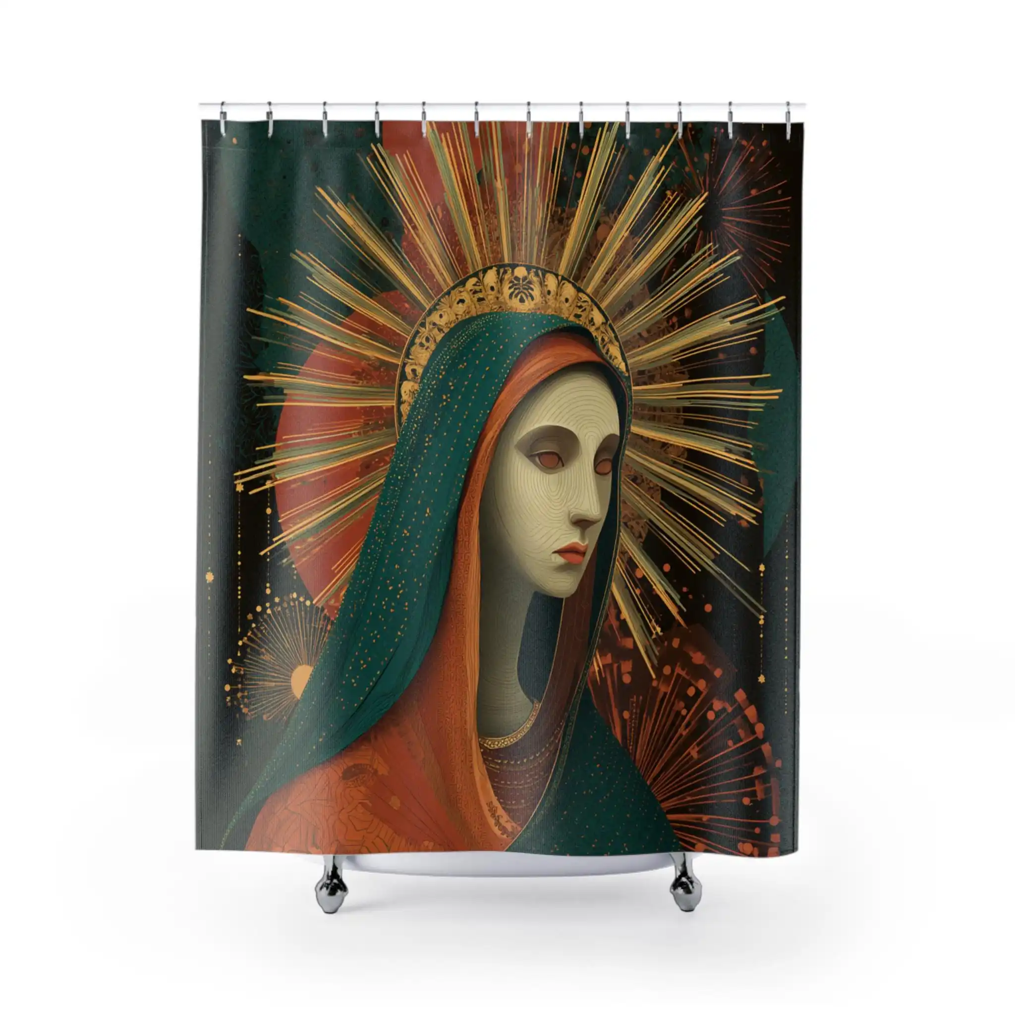 Bohemian Portrait Art Shower Curtain Waterproof Bathroom Decor Bohemian Style Tropical Sunburst Design